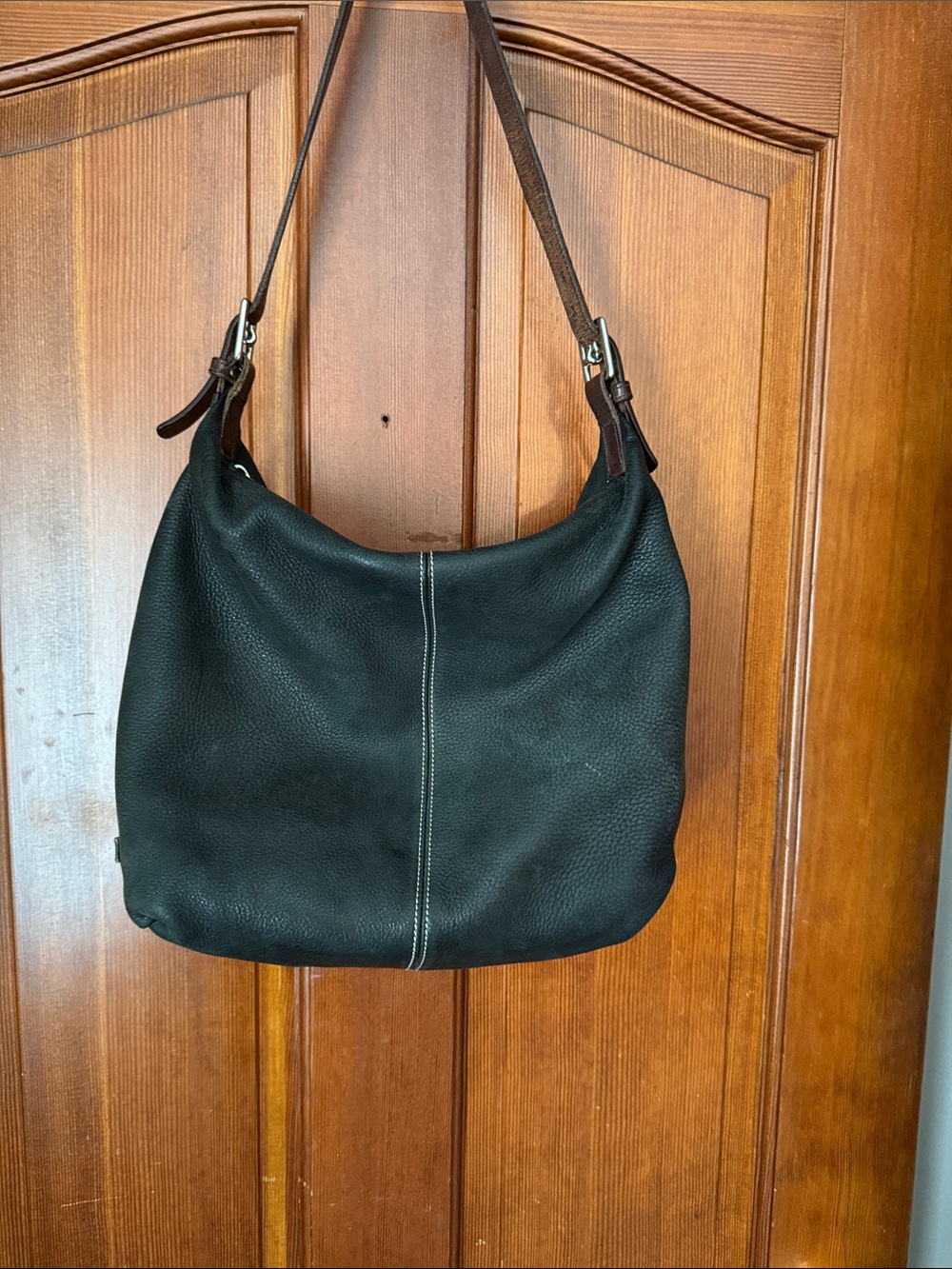 Dooney and Bourke Black Pebbled Leather Shoulder Bag with Contrast Stitching